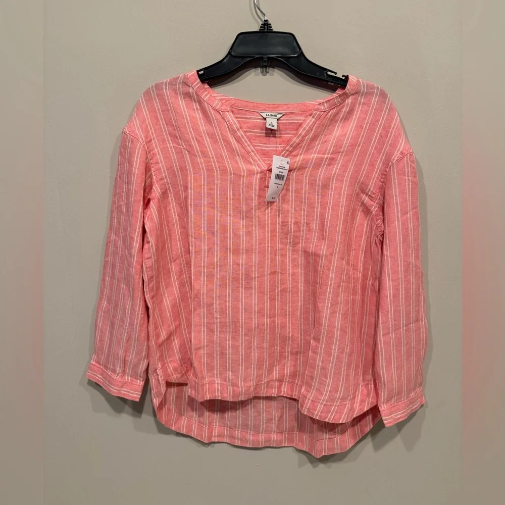 L.L. Bean Women's Premium Washable Linen Shirt, Splitneck Stripe - Picture 2 of 6